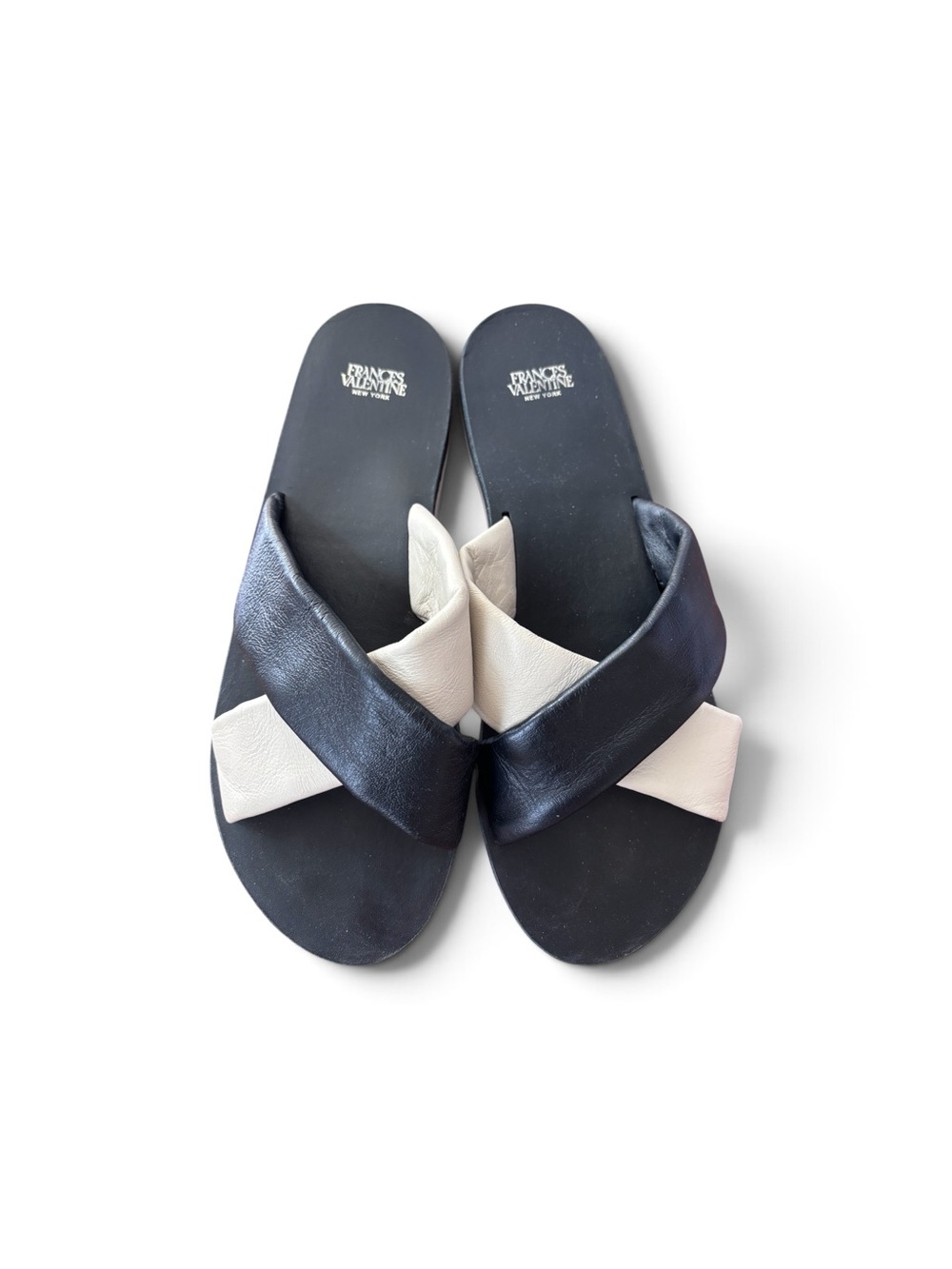 FRANCES VALENTINE Black and Cream Crossband Slide Sandals Size 9